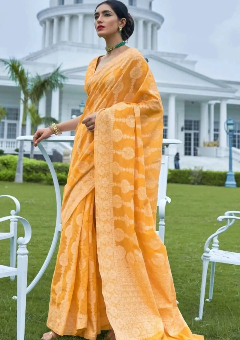 Yellow Banarasi Cotton Chikankari Sarees