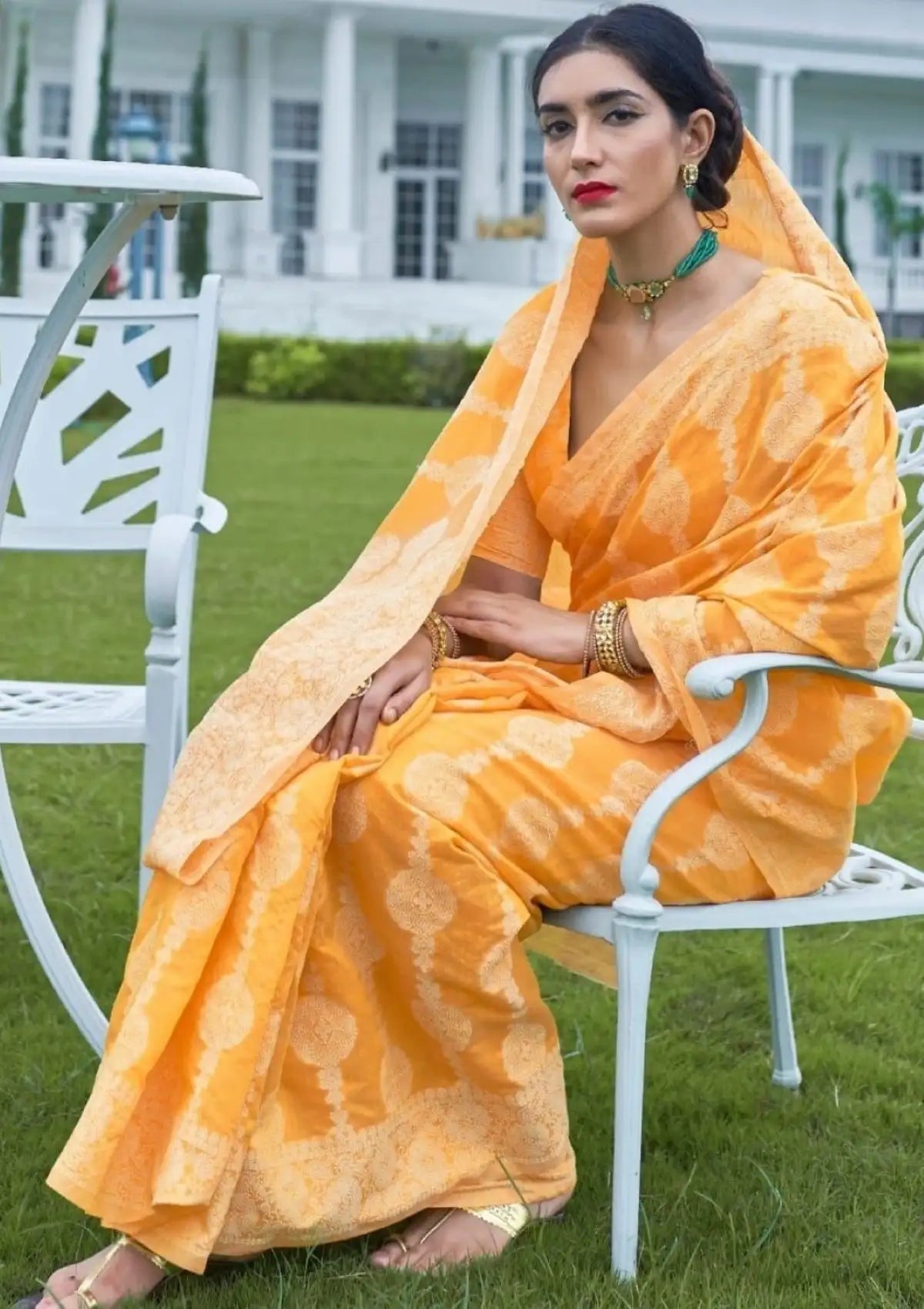 Yellow Banarasi Cotton Chikankari Sarees