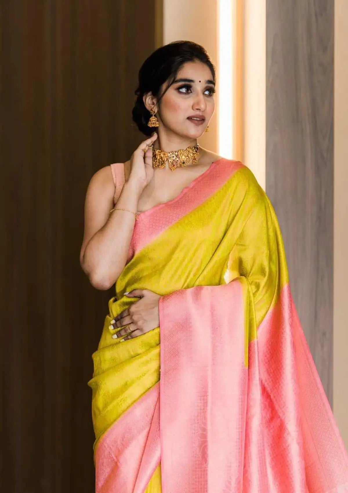 Yellow Peach Combination Lichi Silk Saree